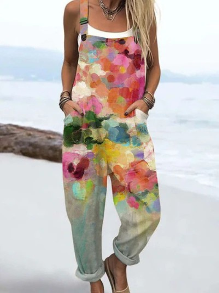 SkandiKlær | Jumpsuit med vintage blomster og kunsttrykk for kvinner