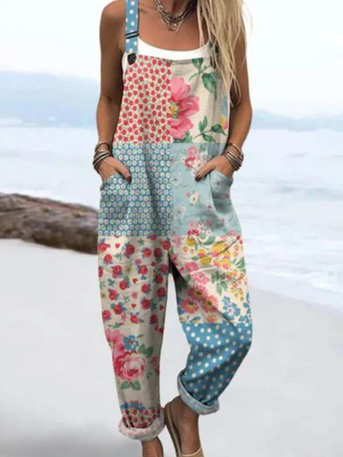 SkandiKlær | Jumpsuit med vintage blomstertrykk og lappeteppe for kvinner